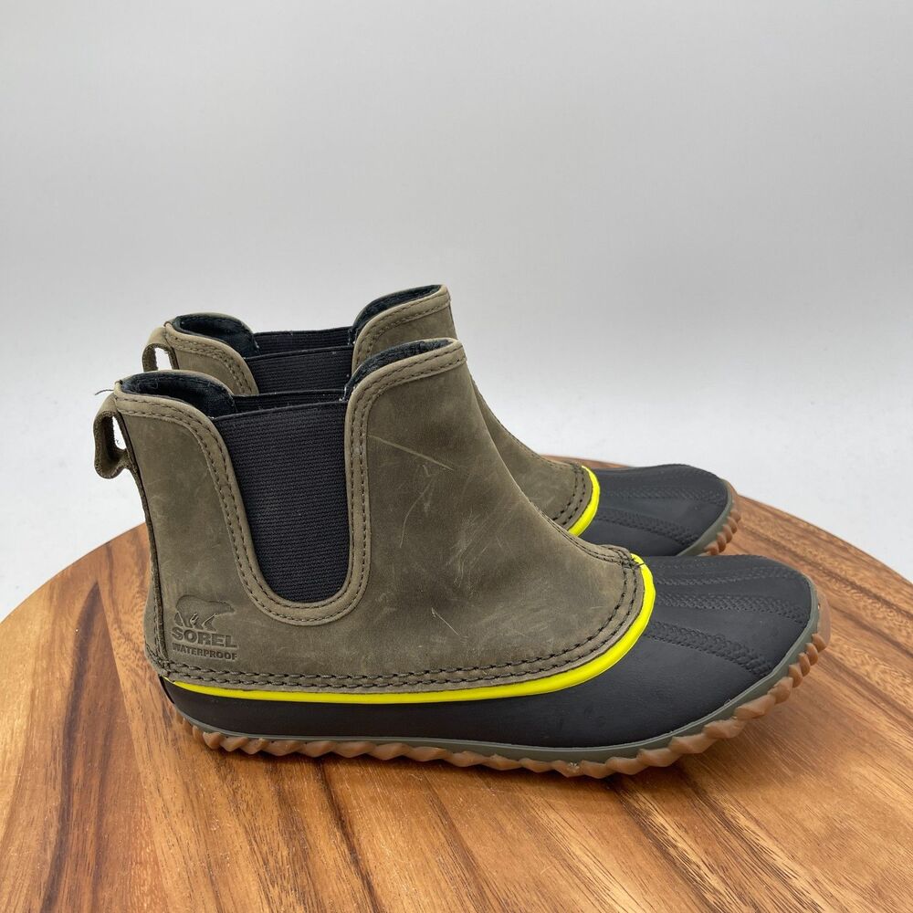 Sorel Olive Green and Black Chelsea Duck Boots with Yellow Trim